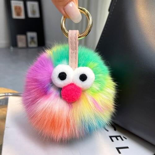 Women Car Key Pendant Multicolor Real Fox Fur Pompom Doll Charm Keychain Cute Plush Toys Keyring Bag Ornaments Trinket Gifts
