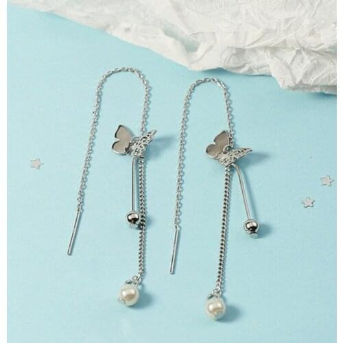 KOFSAC Exquisite Butterfly Earrings For Women 925 Sterling Silver Jewelry Beautiful Long Tassel Beads Earring Girl Birthday Gift