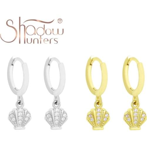 SHADOWHUNTERS Real 925 Sterling Silver Shell Dangle Hoop Earrings Zircon CZ Scallop Earrings For Women Wedding Jewelry Piercings