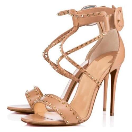 Moraima Snc Rivets Studded High Heel Shoes Summer Open Toe Cross-tied Gladiator Sandal Nude Leather Buckle Strap Shoes