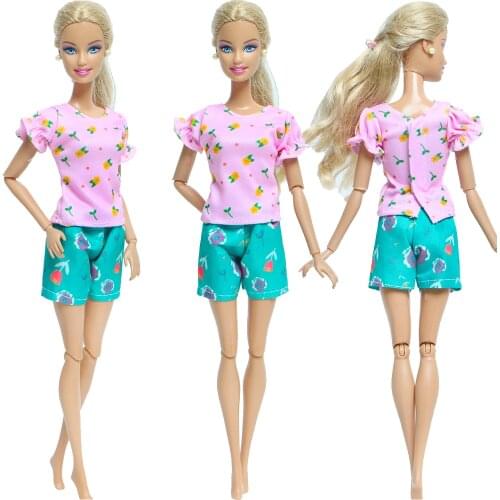 Handmade 1 Set Floral Pattern Daily Outfit Pink Shirt Top Green Pants Homewear Casual Clothes Accessories for Barbie Doll 12inch