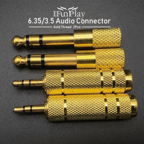 2Pcs Guitar Amplifier Microphone 3.5 Female to 6.5/6.35 Male Stereo Audio Connector 6.35 Female to 3.5 Adapter Plug Thread Gold