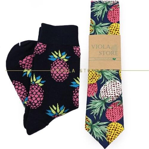 Pineapple Waves Cartoon Plaid Necktie Cotton Socks Sets Party Daily Casual Men Funny Design Blue Suit Tie Gift Cravat Accessory