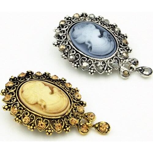 Antique Stylish Fashion Lady Cameo Brooch Hot Selling Diamante Pendent Dangle Brooch Pin For Women