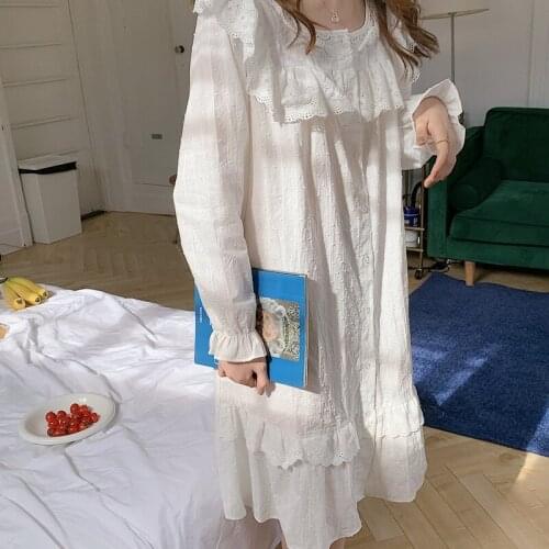 White women nightgown korean chic princess casual polka dot embroidery sleep night dress single breasted ruffles sleepdress L361