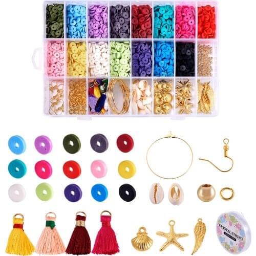 1Set 8mm Handmade Polymer Clay Beads Heishi Bead Flat Round Disc Chip Bead with Shell Bead for Earring Bracelet Diy Making Kit