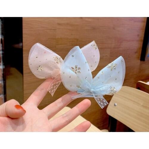 Boutique ins 10pcs Fashion Cute Glitter Rabbit Ears Hairpins Solid Gauze Bowkont Hair Clips Princess Headwear Hair Accessories