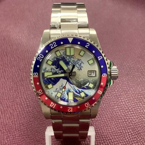 Watch retro 1960 C3 green luminous 39.5mm with Japanese NH35 automatic movement stainless steel strap Kobe River waves