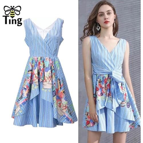 Tingfly Vintage Designer Summer Sleeveless Striped Floral Mini Short Dress with Sashes Casual A Min Street Chic Vestidos Plus 2X
