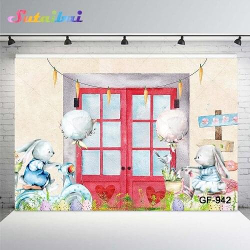 Easter Bunny Rabbit Baby Birthday Party Decorations Background Gender Reveal Boy or Girl Newborn Spring Red Wood Door Backdrop