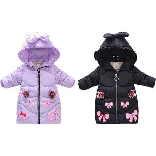 KLV Children Bowknot Zipper Hoodies Coat Kids Girls Pocket Outwear Casual Thickened Autumn Winter Cotton Hooded Outfit