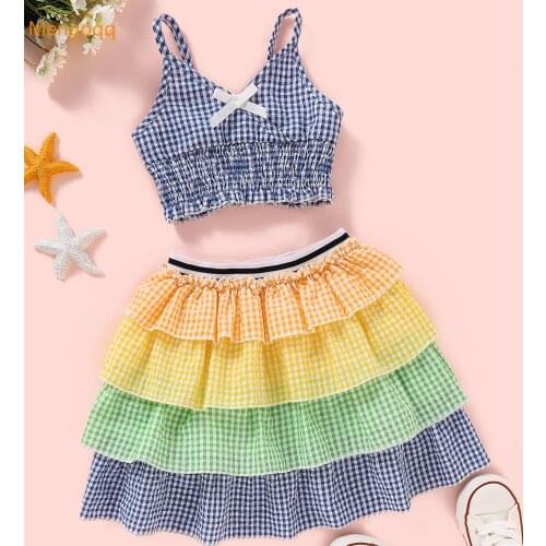 Toddler Baby Girls Clothes Set Plaid Clothes Vest Crop Top V Neck Skirt Ruffles Summer Outfit Set New 18M-6Y