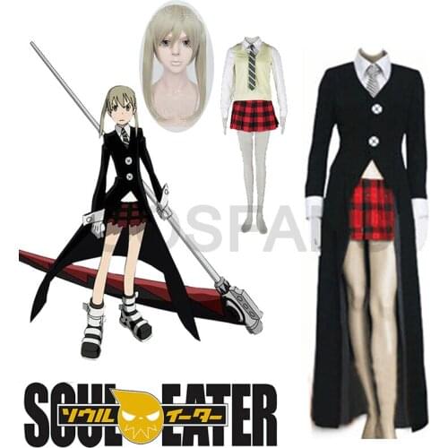 7PCS New Soul Eater Maka Albarn women men Cosplay Costume Halloween Cosplay Full Set top+vest+tie+skirt+coat Send gloves and wig