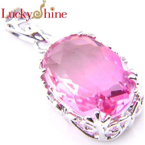 Luckyshine Jewelry Oval Zircon Pink BI-COLORED Tourmaline Silver Plated Copper Mystic Dreamy Wedding Pendants for Necklaces