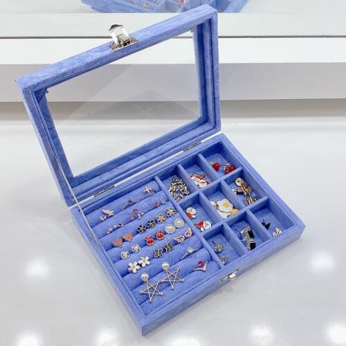Fashion Blue Velvet Jewelry Storage Box Earring Necklace Ring Jewelry Case Creative Makeup Organizer Box Holder Gift Box Newly