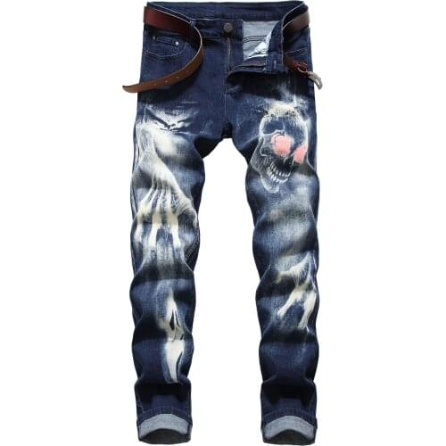 Mens Stretch Print Jeans Personality 3D Pattern Slim-fit Mens Denim Trousers