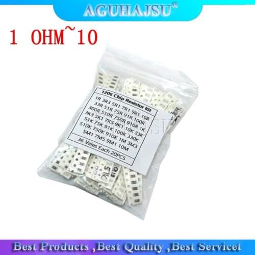 36Value * 20pcs =720pcs 1206 SMD Resistor Kit 1/4W 0.25W 5% 1 ohm~10 Mohm component diy kit new and original