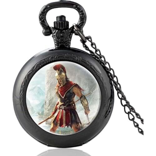 New Arrival Spartan Soldier Design Black Glass Cabochon Vintage Quartz Pocket Watch Men Women Pendant Necklace Hours Clock Gifts