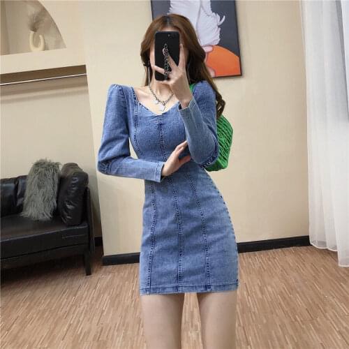 European and American fashion street snap deep V ruffle princess sleeve bag hip cowboy dress （no belt