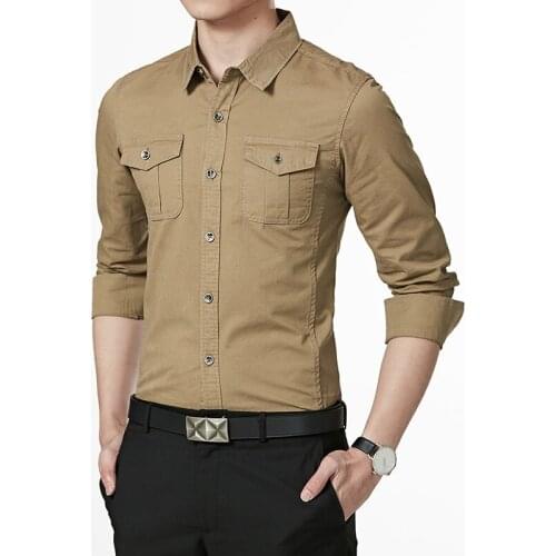 Casual Slim Fit Jacket Blue Shirts Cotton Military Business Military Long Sleeve Vintage Streetwear Shirts for Men