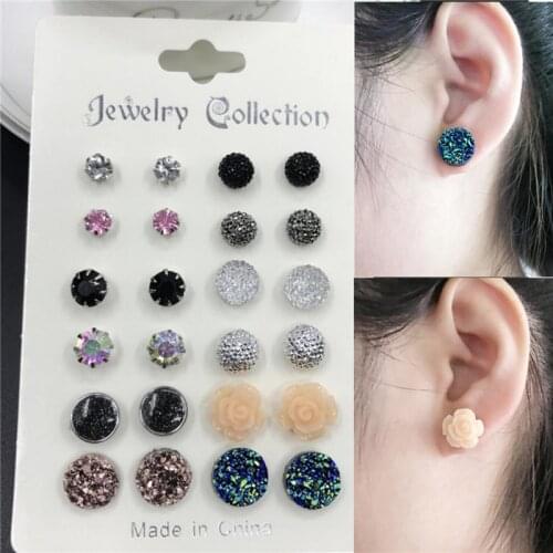New style Color crystal stud earrings simple set earrings jewelry temperament fashion earrings 12 pairs/set For Women