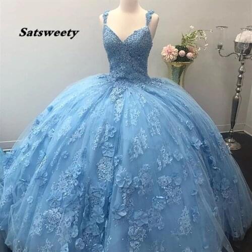 Light Sky Blue Quinceanera Dresses Amazing 3D Lace Appliques Hand Made Flowers with Beads Ball Gown Sweet 16 Vestidos Prom Gowns