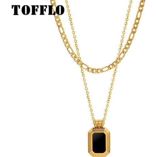 TOFFLO Stainless Steel Jewelry Black Shell Acrylic Double Layered Necklace Womens Fashion Clavicle Chain BSP1015