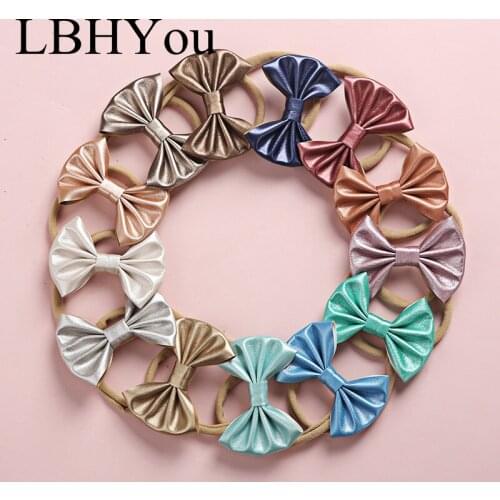 Faux Pu Leather Bows Nylon Headbands Princess Girls Hand Tie Elastic Nylon Hairbands Infants Toddlers Skinny Hair Wear
