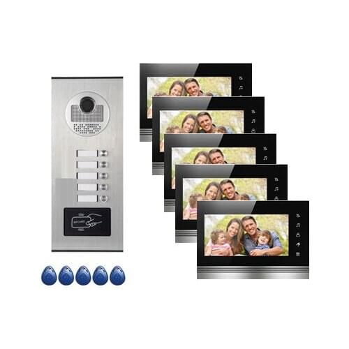 Top Quality Home Security Intercom System Doorbell For 5-apartments w/t 7"Video Door Phone Monitors ID card Unlocking