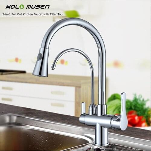 High Quality Brass 2 in 1 Pull Out Kitchen Faucet with Filter Tap Delivers Filtered Water Hot Cold Water Kitchen Filter Faucet