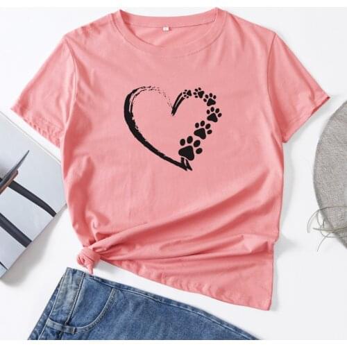 Dogs Paw Print Heart Woman Paw Lover T-Shirt Short Sleeve T-Shirts Summer Tops for Women Cotton Graphic Tee Female Shirt Clothes