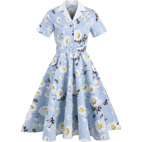 Women Summer Pin Up Flower Casual Party Shirt Dress Short Sleeve Retro Robe 60s 50s Vintage Rockabilly Swing Dress Vestidos