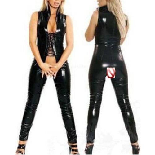 New Plus Size Crotchless Catsuit Women Black Faux Leather Open Crotch Leotard Catsuit Costume Sexy Jumpsuits XXL