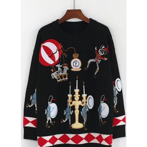 Winter Runway Sweater Women Luxury Brand Design Elegant Circus Soldiers Balloons Candles Embroidered Loose Warm Knitted Tops New