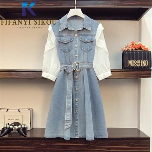 Fashion Denim Dresses Women Chiffon Spliced Half Sleeve Single Breasted Mid Long Dress Female Loose Plus Size Summer Jeans Dress
