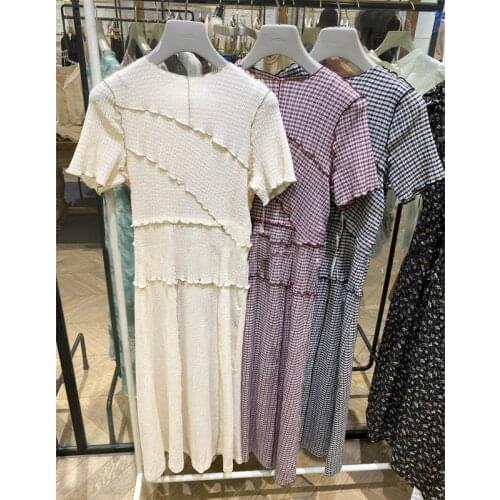 2021 Chic Wooden Ear Patchwork Pleated Women Dress 2021 Spring Summer Drawstring Vestidos New High Waist Plaid Dresses