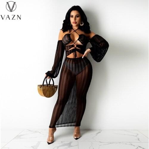 VAZN 2021 Solid Full Sleeve Slash Neck Night Club Summer Elegant Dresses Sexy Club Birthday Dress Women Elegant Fashion Dress