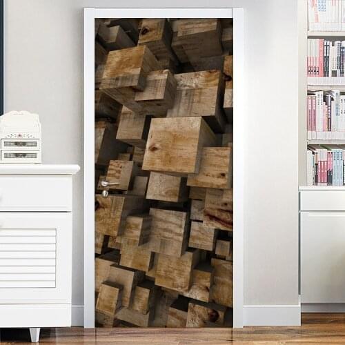 3D Stereoscopic Door Sticker Wallpaper Fashion DIY Waterproof Self Adhesive Wood Grain Living Room Kitchen Door Decoration Mural