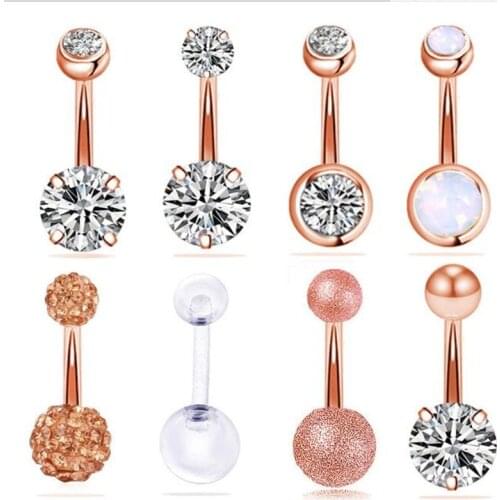 8pcs/set Sexy Navel Rings Women Surgical Steel Crystal Navel Bars Fashion Rose Gold Belly Button Ring Piercing Body Jewelry