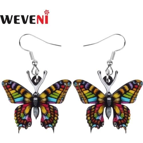 WEVENI Acrylic Bright Color Butterfly Earrings Printing Long Insect Animal Dangle Drop Jewelry For Women Kid Novelty Accessories
