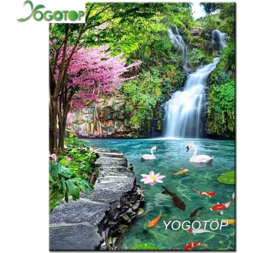 Diy diamond painting waterfall swan koi fish 5d diamant embroidery spring mosaic Handmade lotus tree natural landscape YY2721