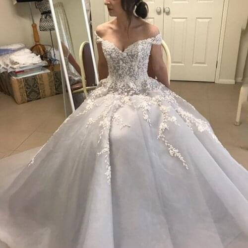 Off the Shoulder Ball Gowns Organza Grey Wedding Dress Lace Up Back Bridal Dress vestidos de novia sencillos