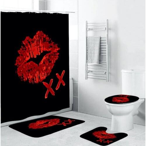 Black Lip Shower Curtain Waterproof And Mildewproof Bathroom Screen Modern Partition Bathroom Decoration Toilet Four-piece Set