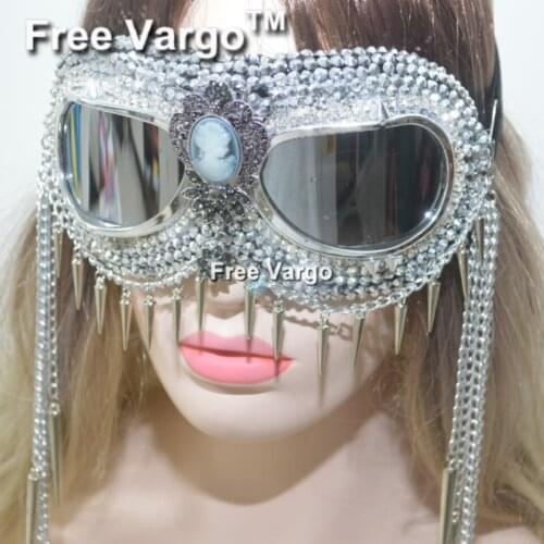 Holographic Rhinestone Rave Streampunk Burning Man Goggle Chain Spike Costume Cyber Goth Goggles Stage Dj EDM Wear For Women