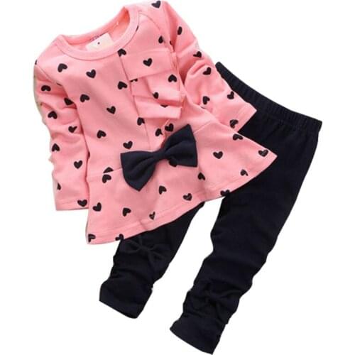 2021 Spring Children Girl Clothing Long SLeeve Set Heart Flower Bowknowt Cute 2PCS Clothes Kids Twinset T Shirt+Pants Legging