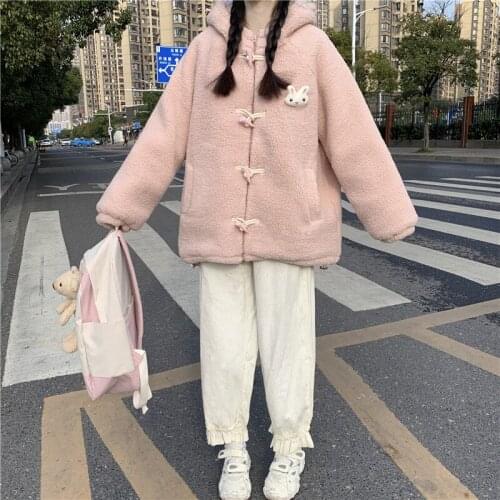 Korean Winter New Casual Cotton Clothes Keep Warm Lambswool Cartoon Full Sleeve Thicken Loose Vintage Horn Button Outerweat