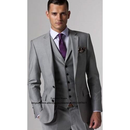 Mens Suit Gray Formal Business 3 Piece Blazer Set Classic Notched Lapel Wedding Groom Tuxedo Terno Masculino (Jacket+Vest+Pants)