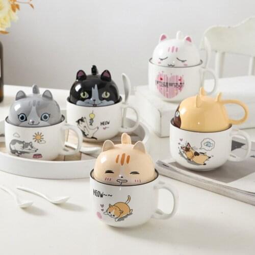 Creative breakfast mug large capacity cute cat cartoon office mug with lid spoon ceramic mug hk39