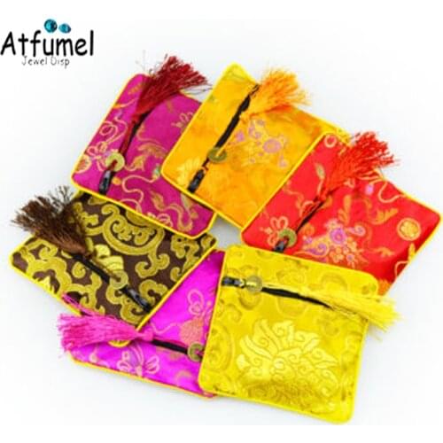 Square Chinese Silk Jewelry Pouch Necklace Ring Packaging Pouch Zipper Weeding Party Favor Gift Tassel Bag 50Pcs