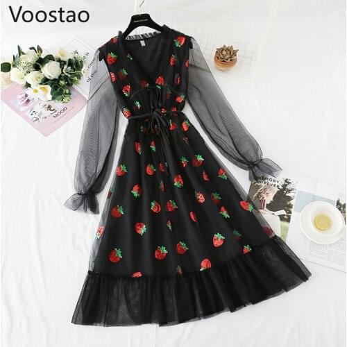 Summer Sweet Lolita Style Mesh Dress Women Elegant V-Neck Strawberry Sequins Party Dresses Autumn Female Gauze Dress Vestidos